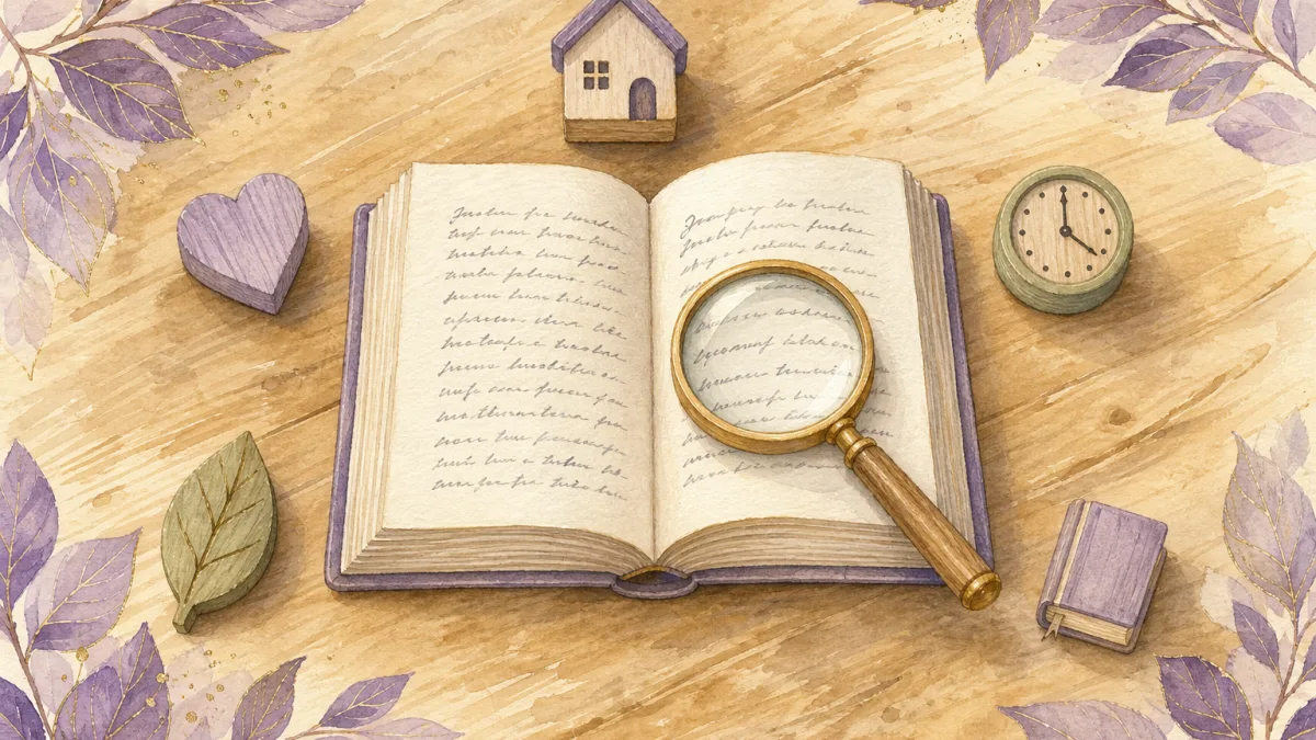 Acuarela cenital de una mesa de madera clara con un libro abierto, una lupa apoyada sobre una de sus líneas y un círculo de pequeñas piezas de madera —una casa, un corazón, un reloj, una hoja y un libro— dispuestas alrededor.