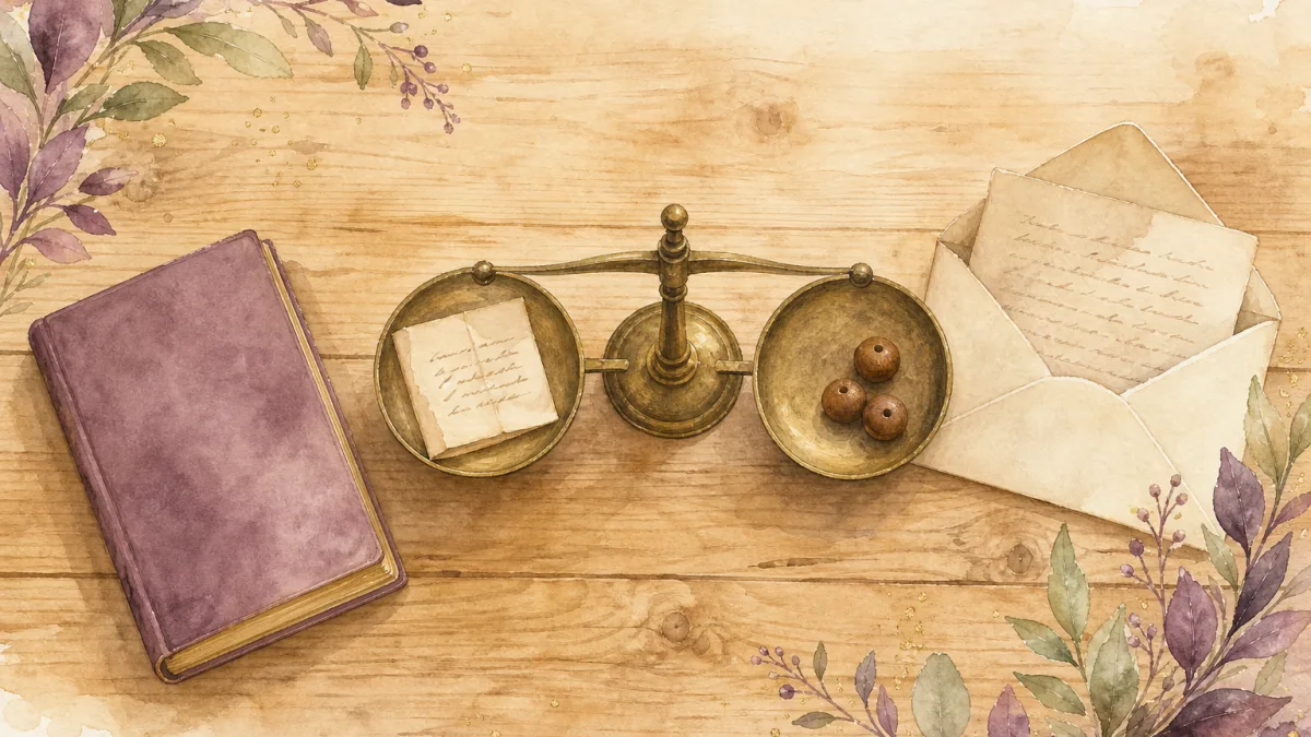 Acuarela cenital de una mesa de madera clara: en el centro, una balanza de latón con una pequeña nota manuscrita en un platillo y tres cuentas de madera en el otro; a la izquierda, un cuaderno malva cerrado; a la derecha, un sobre abierto con una carta a medio salir.